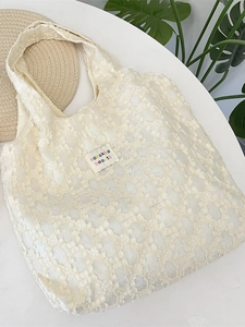 Chic beige textured jacquard tote bag with stylish lettering label for women