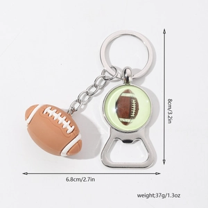 Rugby beer bottle opener keychain with size and weight dimensions shown in detail