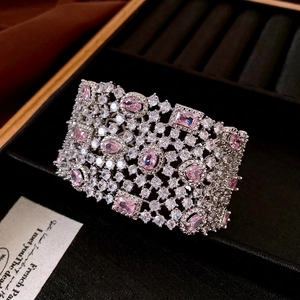 Luxury Cuff Bracelet Copper Hollow Zircon Bangle Pink White Stone Vintage Fashion Jewelry For Women