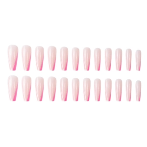 Long coffin fake nails with pink french tip and silver glitter line 24pcs set