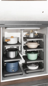 Adjustable multi-tier gunmetal kitchen rack for organizing pots and pans under the sink