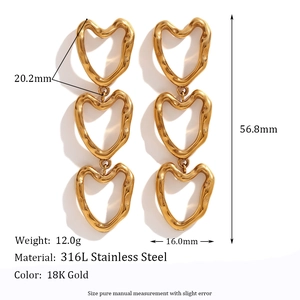 18K gold plated 316L stainless steel drop earrings with hollow heart design and dimensions