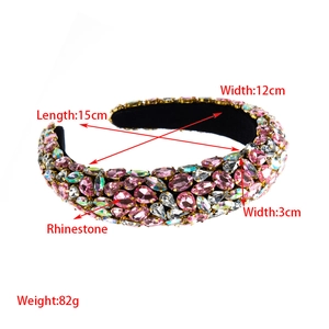 Macro detail of padded baroque headband showing pink rhinestone inlay and size specifications