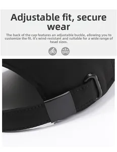 Detail of adjustable snap closure and breathable fabric on the back of the black baseball cap
