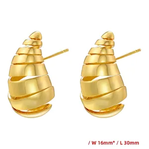 Macro detail of 18K gold plated hollow teardrop earrings with dimensions 16mm by 30mm