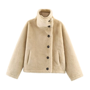 Women's apricot faux fur reversible jacket with stand collar and button closure