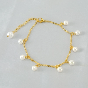 Golden 18K titanium steel anklet with white pearl tassels and adjustable lobster clasp