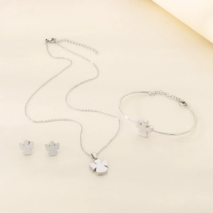 Three-piece silver angel silhouette jewelry set including necklace, bracelet, and stud earrings
