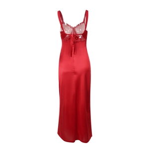 Detailed back view of red satin dress featuring lace patchwork and lace-up ribbon design