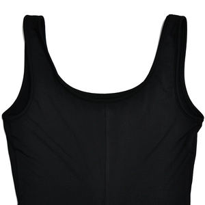 Detail of the U-neckline and smooth elastic fabric on this black shaping bodysuit