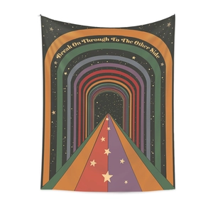 Bohemian rainbow tapestry with Break On Through text for wall decor and retro room styling