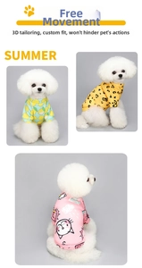 Detail view of summer pet T-shirts featuring lemon, leopard, and cat prints