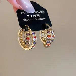 18K Gold Plated Copper Hoop Earrings Rainbow Zircon Rectangular Cut With 925 Sterling Silver Earring Post Elegant Women