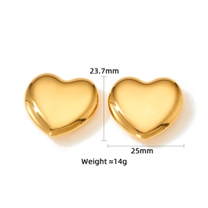 Detail showing dimensions 23.7mm by 25mm of golden stainless steel heart stud earrings