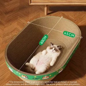 Oval corrugated cardboard cat scratcher bed with cartoon border, size 60cm x 45cm