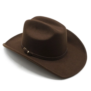 Classic dark brown felt cowboy hat with leather band and decorative metal buckle