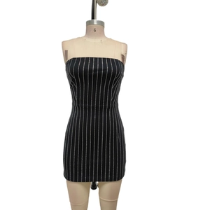 Slim fit black tube mini dress with silver vertical stripes for party wear