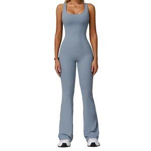 Dusty blue women's high-waisted flared yoga jumpsuit for fitness and outdoor running