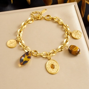 Vintage Gold Plated Stainless Steel Charm Bracelet With Tiger Eye Stone And Resin Sunburst Star Pendants For Women