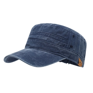 Vintage navy blue distressed flat top cadet hat with mountain leather patch and eyelets