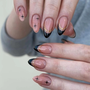 Elegant French Black Almond Press On Nails With Gold Glitter And Four-Pointed Star Design Wearable False Nails For Women
