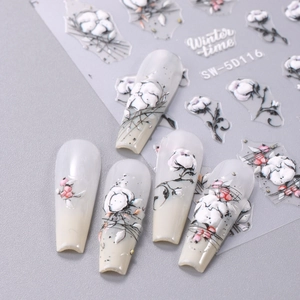 Detailed 5D embossed winter nail stickers with white cotton flower motifs and 5D texture