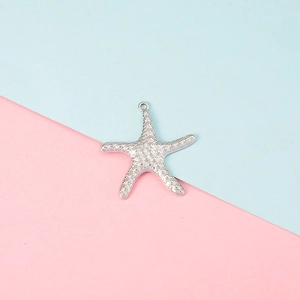 Macro shot of silver starfish pendant with dot texture on a bicolor background