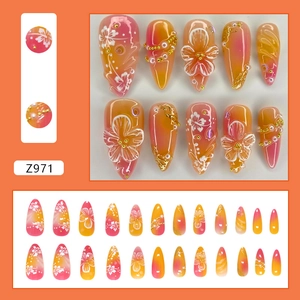 24pcs stiletto press-on nails with floral art, gradient orange finish and rhinestones
