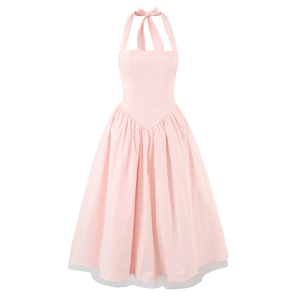 Halter Neck Midi Dress Retro Style Polyester Cotton Tulle Trim Backless Lace Up A-Line Swing Vintage For Women