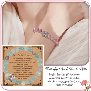 Pink zebra stone butterfly charm bracelet set with inspirational graduation greeting card