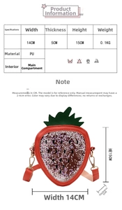 Detailed size chart for strawberry jelly bag showing dimensions 14x15x5cm and PU material