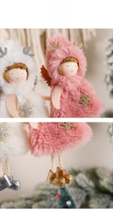 Detail of plush Christmas angel ornaments with sequined stars and glitter boots