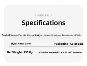 Technical specifications of the electric money gun with dimensions and battery info