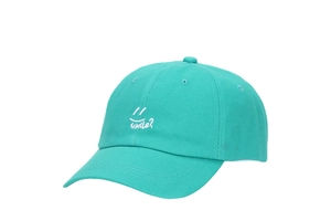 Detailed close-up of mint green cotton baseball cap featuring white smile embroidery