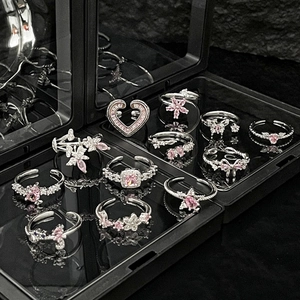 Minimalist silver open rings with pink butterfly and heart crystals for women