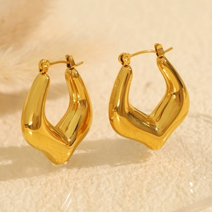Polished gold hollow V-shaped geometric earrings in minimalist titanium steel design