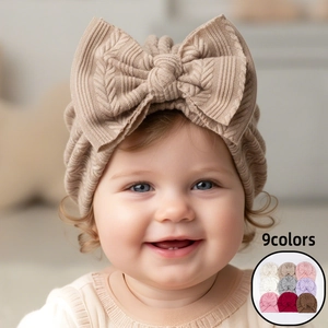 Soft Polyester Knitted Baby Turban Hat With Large Bow Knot Solid Color Infant Fetal Cap For Autumn Spring Daily Wear