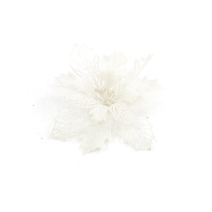 Close-up of white artificial Christmas flower with silver glitter for tree decoration