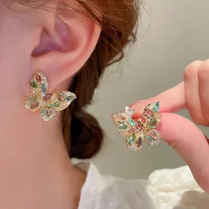 Colorful zircon butterfly earrings with gold plating and vintage French style for women