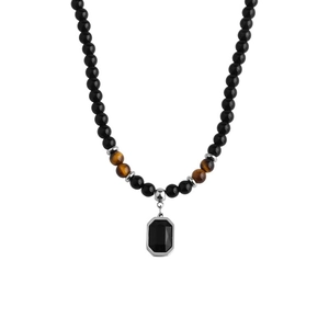Men's necklace with black beads, tiger eye stones, and a rectangular black pendant