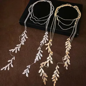 Bohemian multi-layer leaf tassel necklaces in gold and silver finish with wheat grain pendants