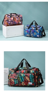 Detail of travel tote bags with colorful plant leaf patterns and dual carry handles