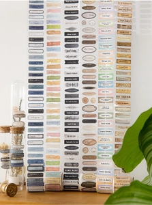 Vintage aesthetic die-cut labels for scrapbooking with English phrases and washi tape textures