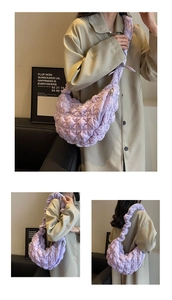 Detailed views of purple dumpling bag with quilted folds and large capacity capacity