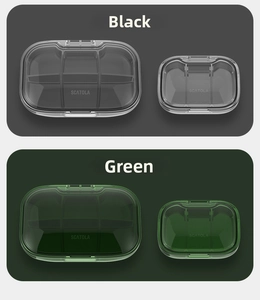 Detail view of large and small translucent pill cases in black and green with latch lids