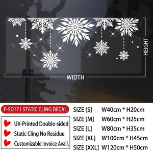 Size chart for UV printed snowflake Christmas window clings showing S to XXL dimensions