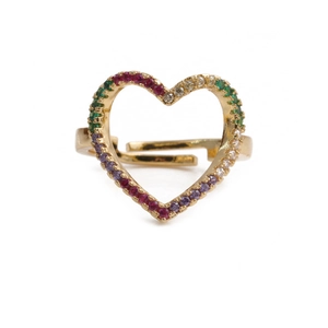 Bague réglable dorée pour femme avec motif cœur et pierres de zircon arc-en-ciel colorées