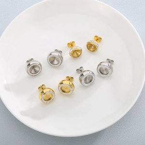 Minimalist round stud earrings with micro-set zircon in gold and silver finishes