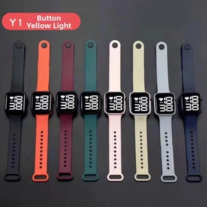 Close-up of Y1 LED digital watches in eight colors with square face and heart icon display