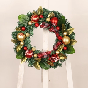 Christmas wreath with PVC balls, red black plaid ribbon and green pine needles decoration